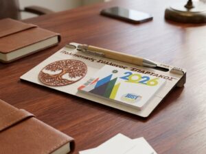 Επιτραπέζιο ξύλινο ημερολόγιο με δέντρο της ζωής και ξύλινο στυλό σε γραφείο, 2026