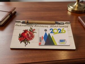 Επιτραπέζιο ξύλινο ημερολόγιο με ρόδι, ξύλινο στυλό και επιγραφή συλλόγου, 2026