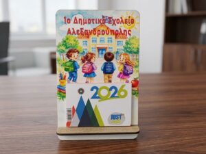 Όρθιο ξύλινο ημερολόγιο με έγχρωμους μαθητές μπροστά σε σχολείο και επιγραφή σχολείου