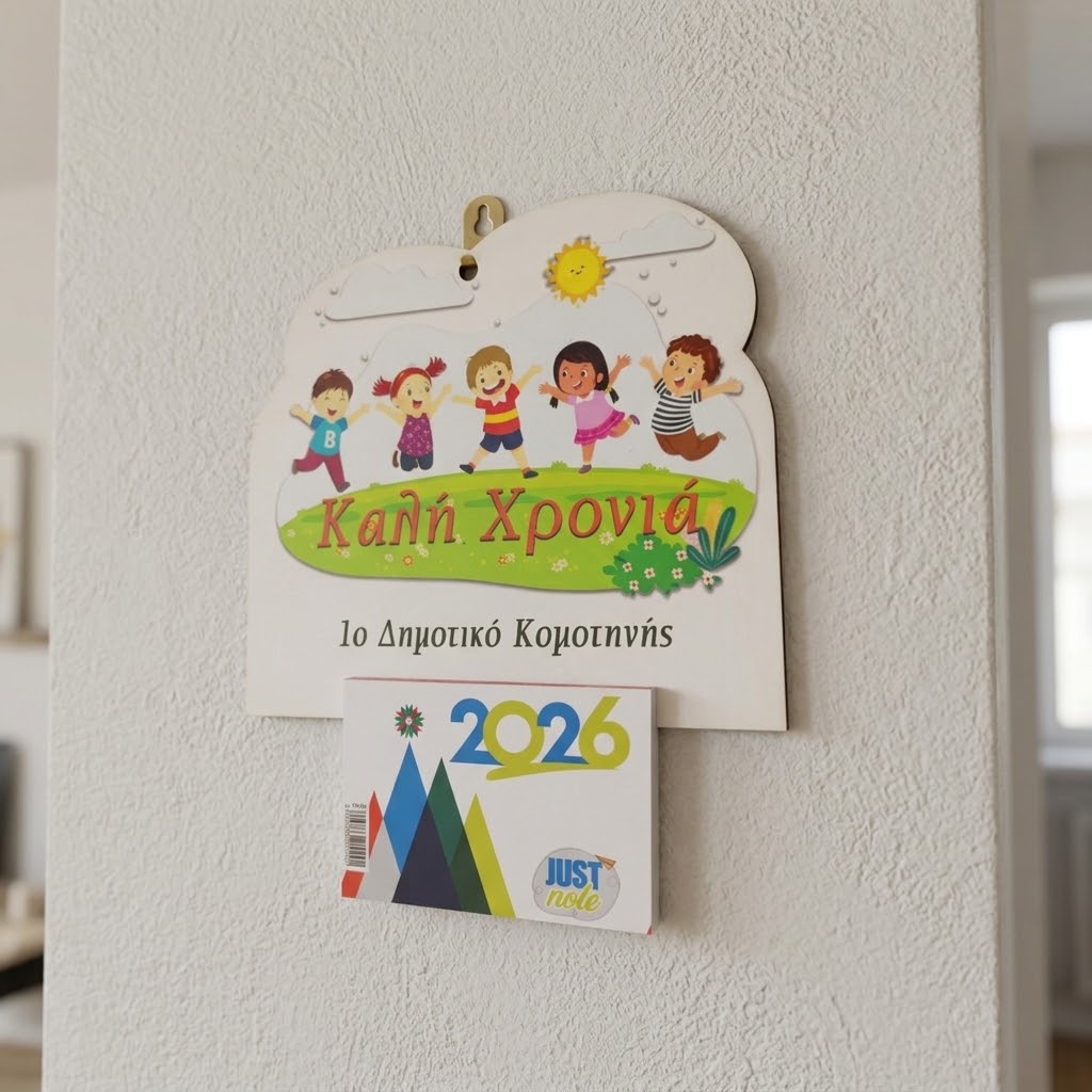 Επιτοίχιο ξύλινο ημερολόγιο με παιδιά και ευχή Καλή Χρονιά, κρεμασμένο σε τοίχο, 2026
